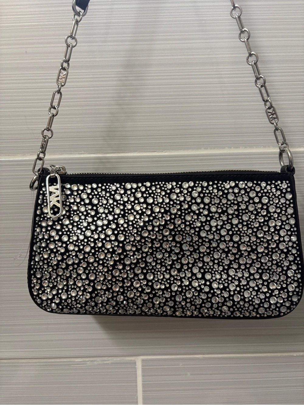 NWOT. Michael Kors Empire Medium Black Crystal Chain Link Pouchette. RARE.